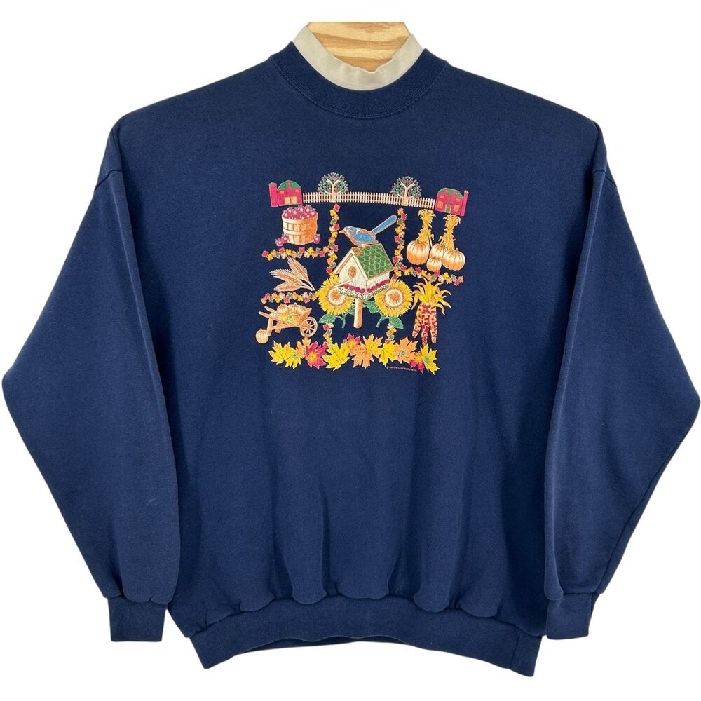 Vintage 90s 1995 Women's Navy Blue Fall Autumn Leaves Crewneck Sweatshirt 2XL